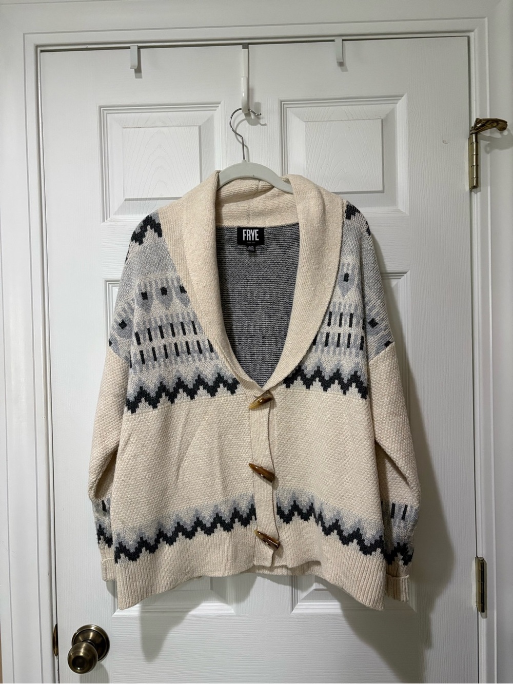 Frye Cream Shawl Collar Patterned Toggle Cardigan with Gray and Black Accents